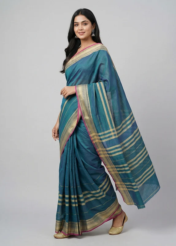 Green Cotton Saree With Blouse Piece One Size