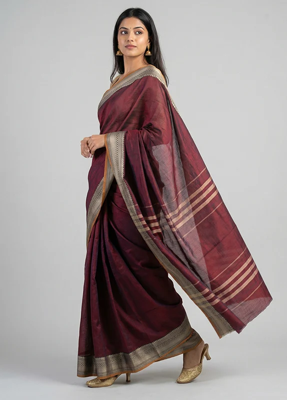 Maroon Cotton Saree With Blouse Piece One Size