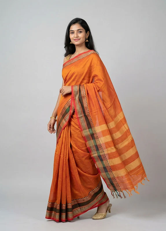 Rust Cotton Saree With Blouse Piece One Size