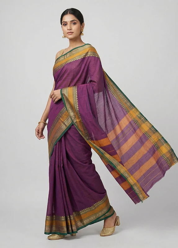 Green Cotton Saree With Blouse Piece One Size