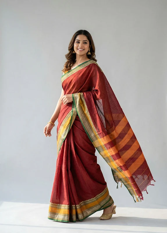 Maroon Cotton Saree With Blouse Piece One Size