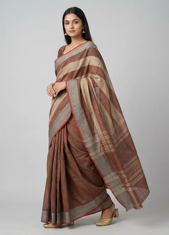 Cream Cotton Saree With Blouse Piece One Size