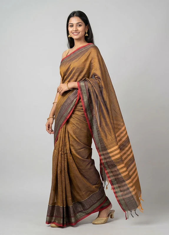 Brown Cotton Saree With Blouse Piece One Size