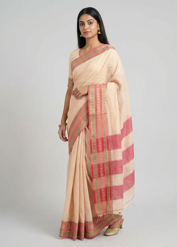 Cream Cotton Saree With Blouse Piece One Size