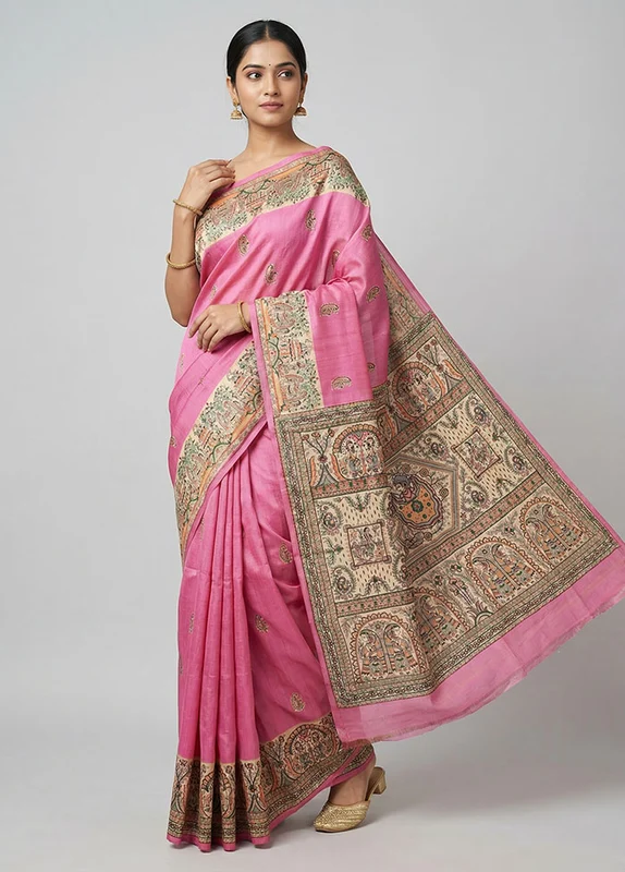 Pink Printed Silk Saree Without Blouse Piece One Size