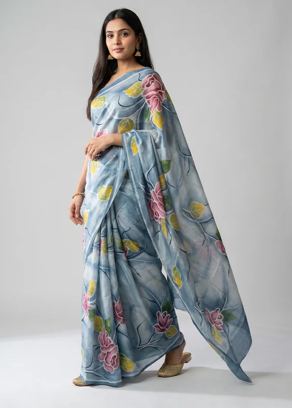 Blue Printed Silk Saree Without Blouse Piece One Size
