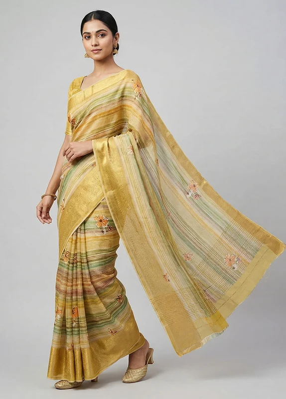 Green Chanderi Silk Saree With Blouse Piece One Size