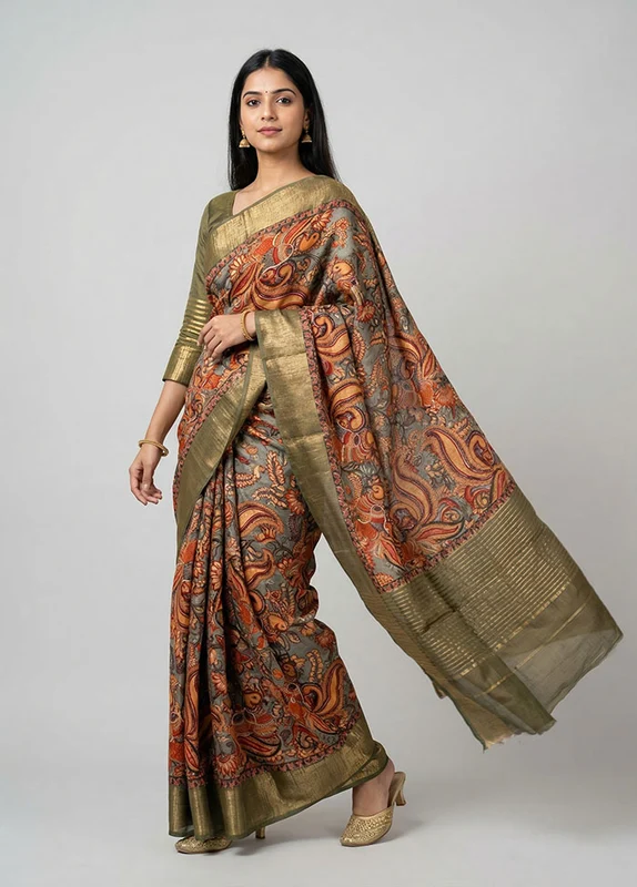 Green Chanderi Silk Saree With Blouse Piece One Size
