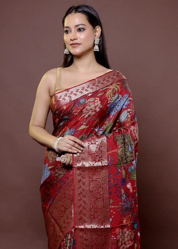 Red Chanderi Cotton Saree With Blouse Piece Onesize