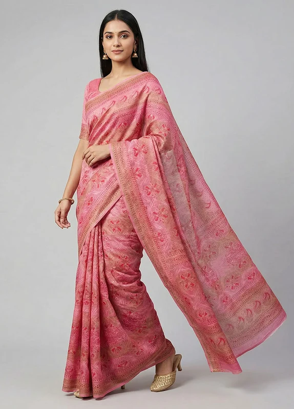Pink Tussar Silk Saree With Blouse Piece One Size