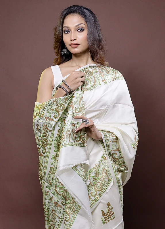 White Pure Bishnupuri Silk Saree Without Blouse Piece Onesize