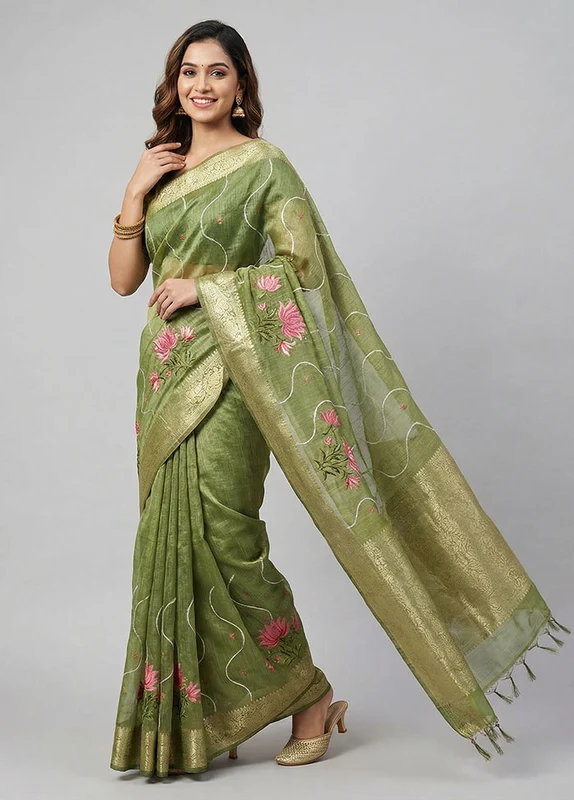 Green Cotton Saree With Blouse Piece One Size