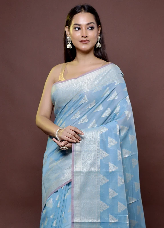 Blue Cotton Saree With Blouse Piece Onesize