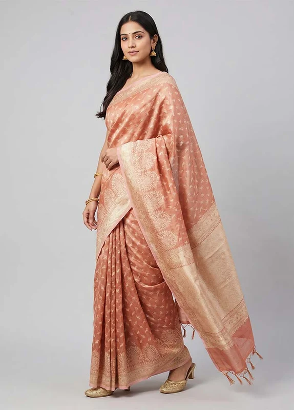 Orange Tissue Silk Saree With Blouse Piece One Size