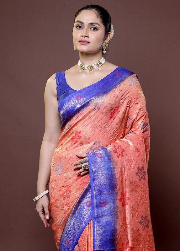 Peach Dupion Silk Saree With Blouse Piece Onesize