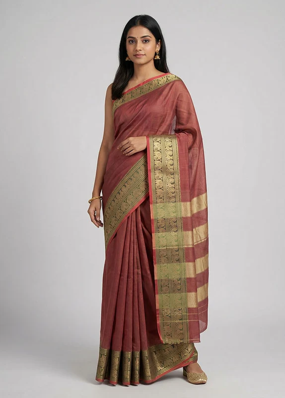 Pink Cotton Saree With Blouse Piece One Size