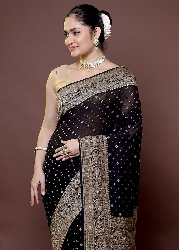 Black Handloom Pure Georgette Saree With Blouse Piece Onesize