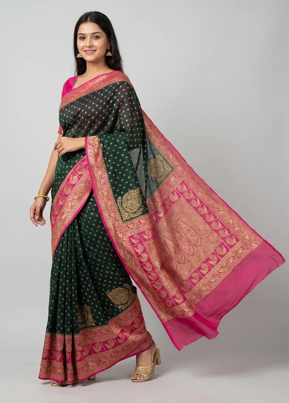 Black Handloom Pure Georgette Saree With Blouse Piece One Size