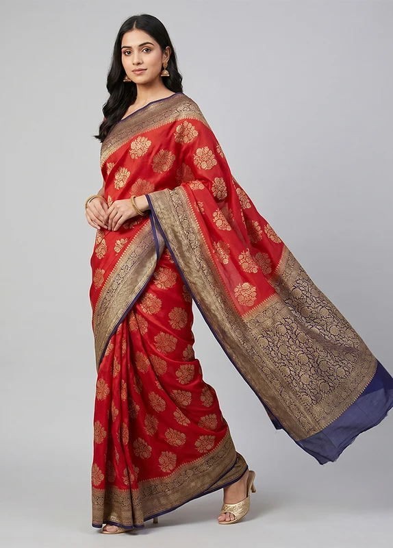 Red Handloom Pure Georgette Saree With Blouse Piece One Size