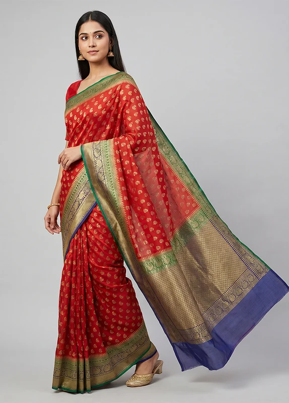 Red Handloom Pure Georgette Saree With Blouse Piece One Size