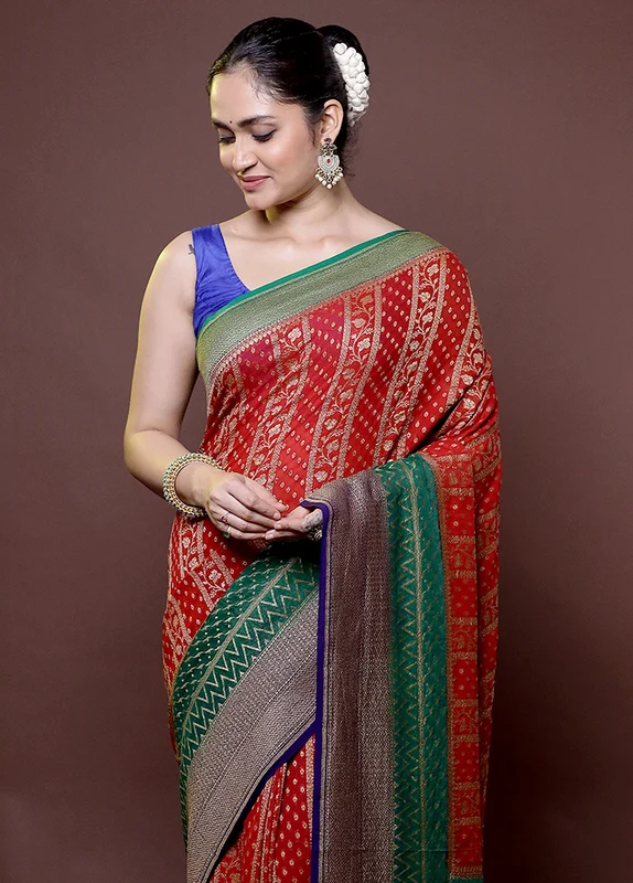 Red Handloom Pure Georgette Saree With Blouse Piece Onesize