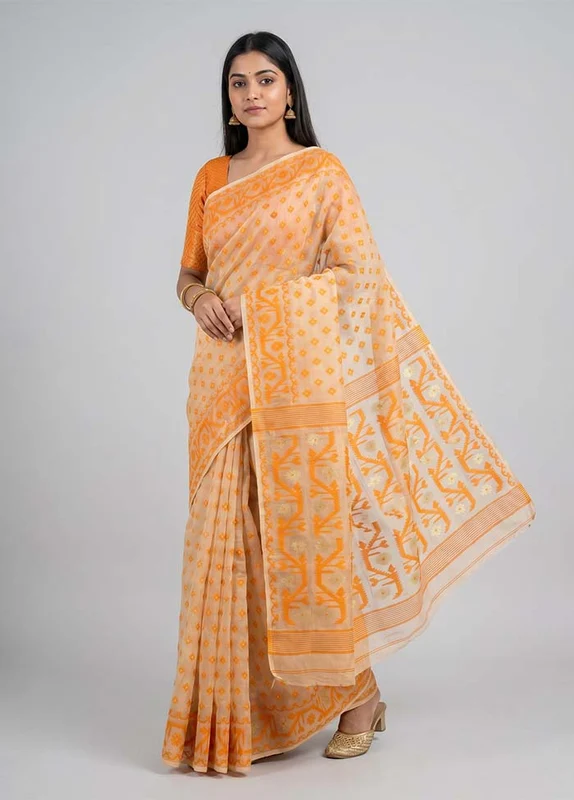 Cream Jamdani Cotton Saree Without Blouse Piece One Size