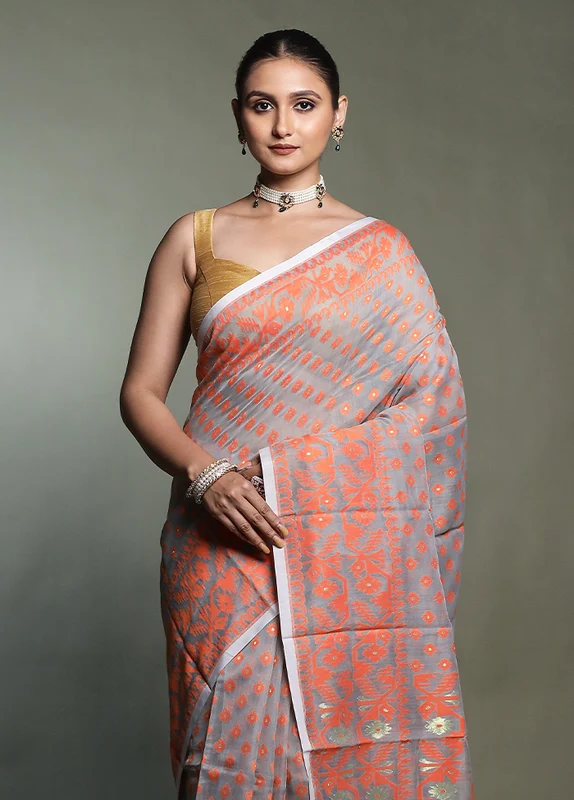 Grey Tant Jamdani Saree Without Blouse Piece Onesize