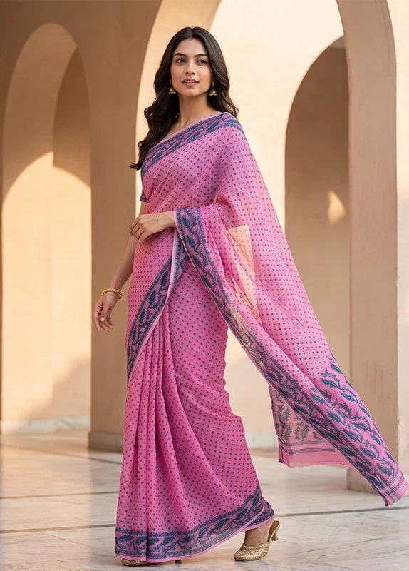 Green Jamdani Cotton Saree Without Blouse Piece One Size