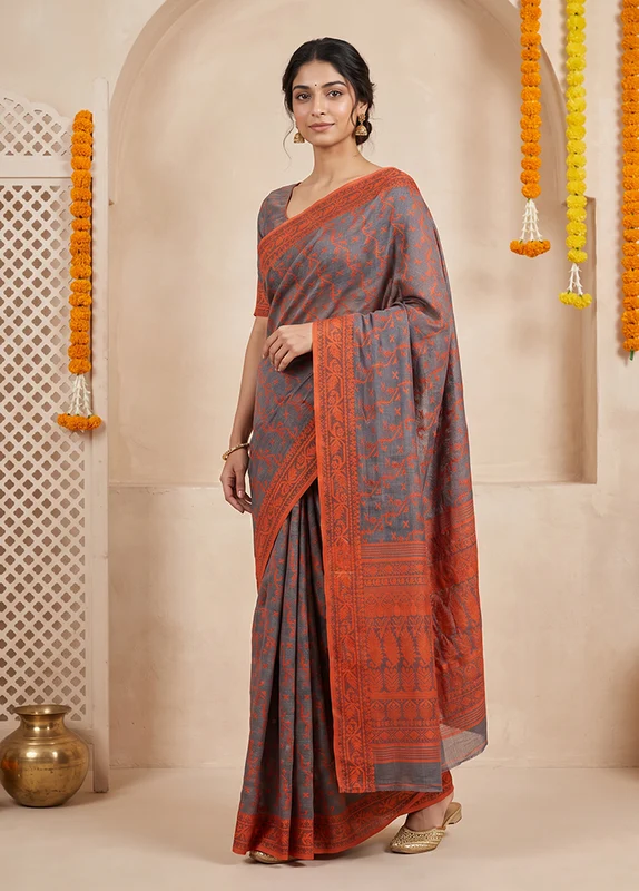 Grey Jamdani Cotton Saree Without Blouse Piece One Size