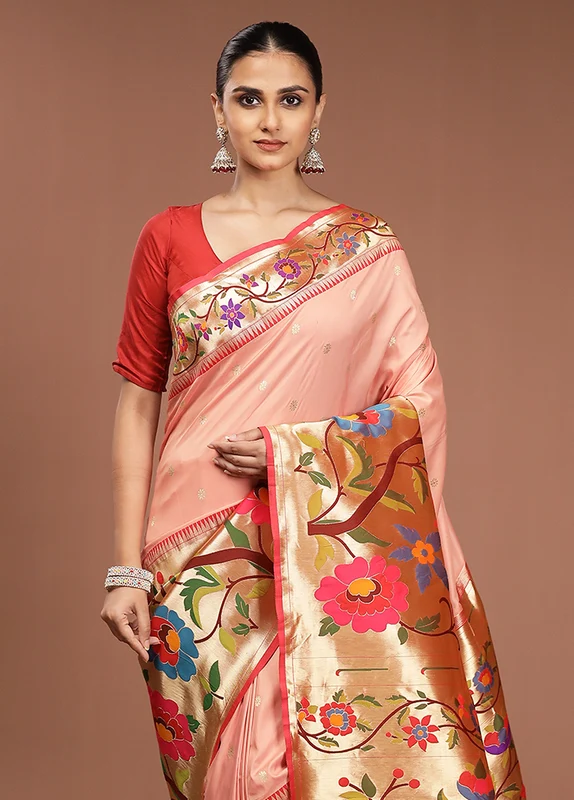 Pink Handloom Kanjivaram Pure Silk Saree With Blouse Piece Onesize