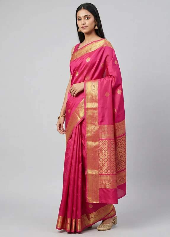 Pink Handloom Kanchipuram Pure Silk Saree With Blouse Piece One Size
