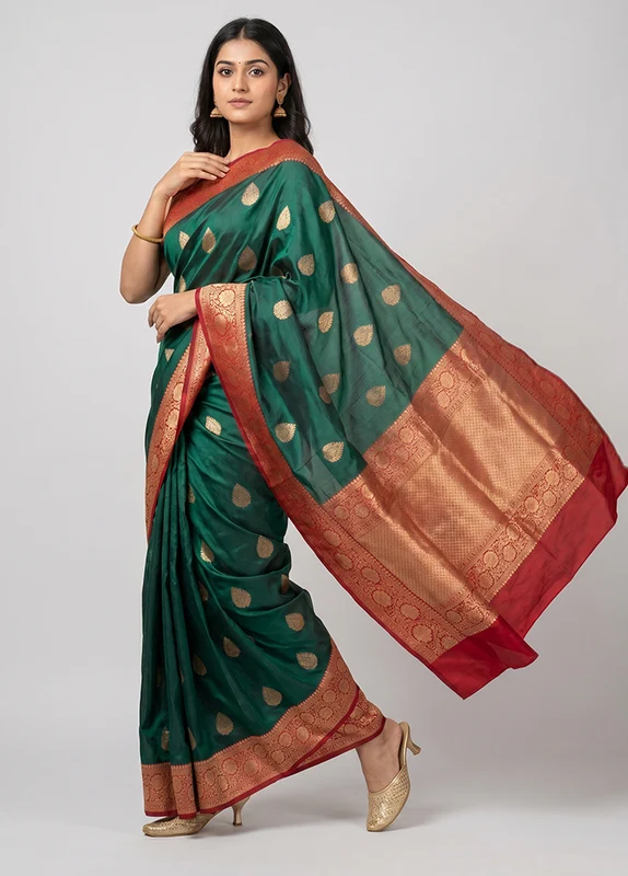 Green Handloom Katan Pure Silk Saree With Blouse Piece One Size