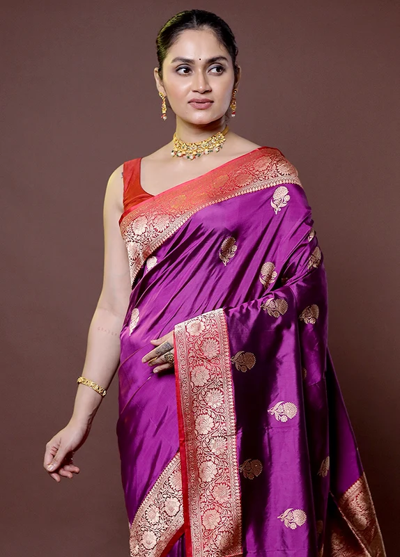 Purple Handloom Katan Pure Silk Saree With Blouse Piece Onesize