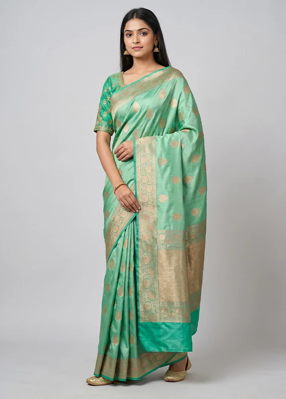 Green Handloom Katan Pure Silk Saree With Blouse Piece One Size