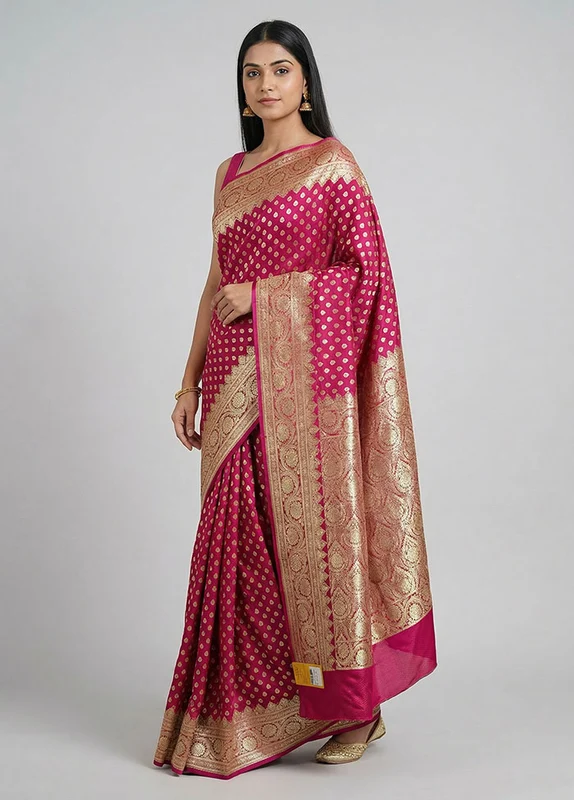 Pink Banarasi Silk Saree With Blouse Piece One Size