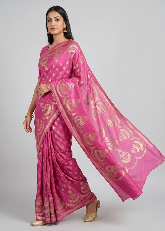 Pink Banarasi Silk Saree With Blouse Piece One Size