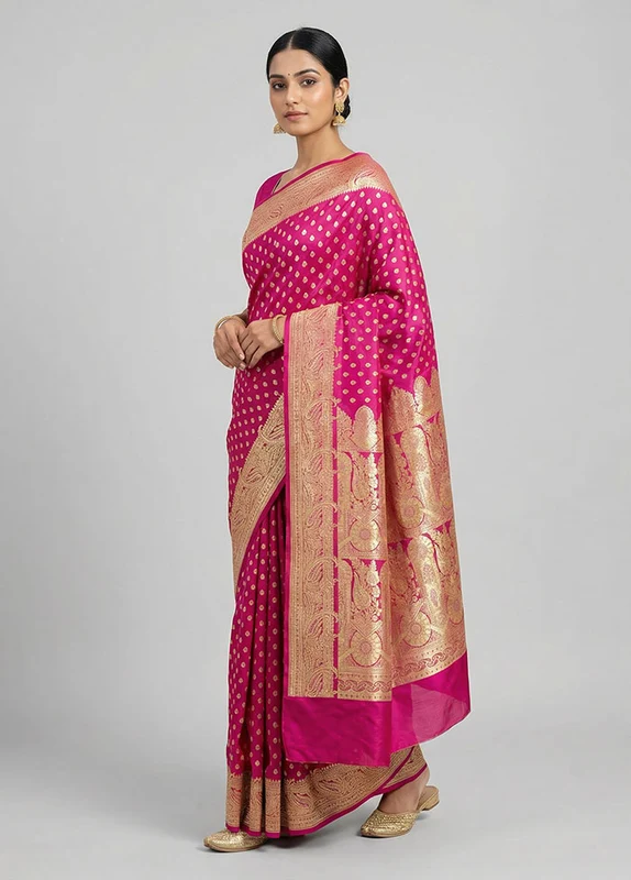 Pink Banarasi Silk Saree With Blouse Piece One Size