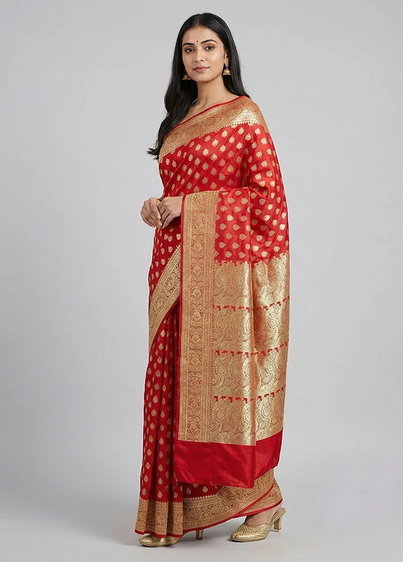 Red Banarasi Silk Saree With Blouse Piece One Size