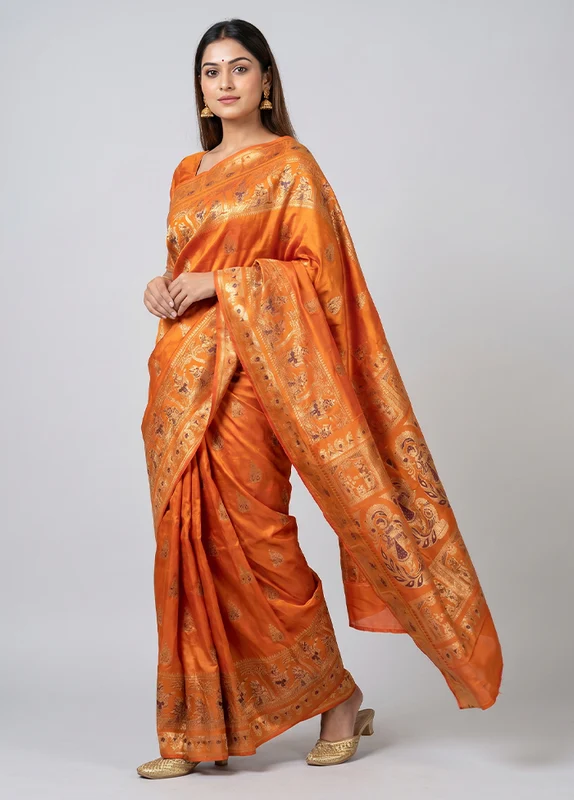 Rust Handloom Baluchari Pure Silk Saree With Blouse Piece One Size