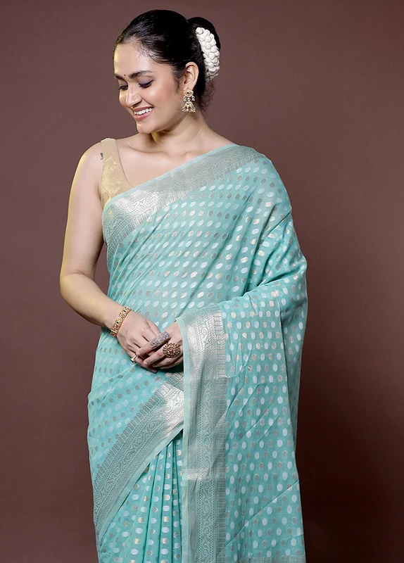 Blue Kora Silk Saree With Blouse Piece Onesize