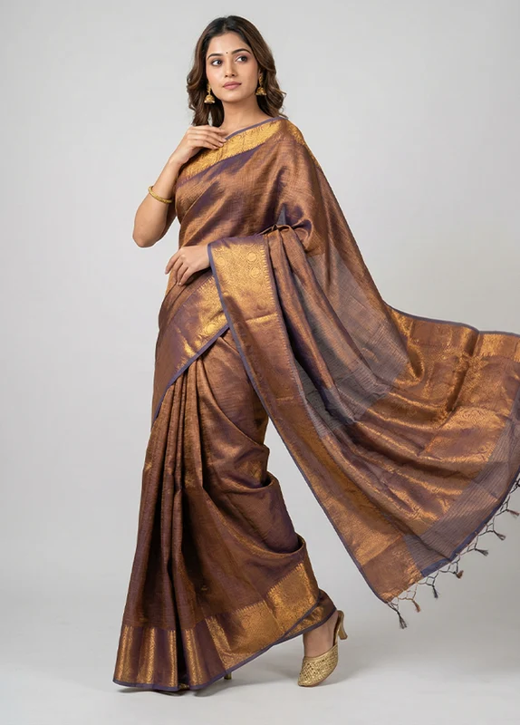 Blue Tissue Silk Saree With Blouse Piece One Size