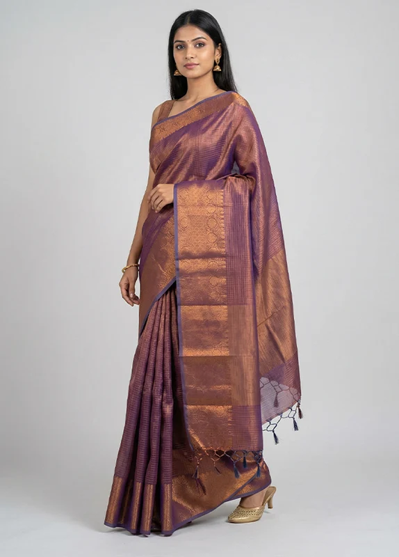 Blue Tissue Silk Saree With Blouse Piece One Size