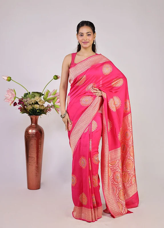 Pink Handloom Pure Georgette Saree With Blouse Piece One Size