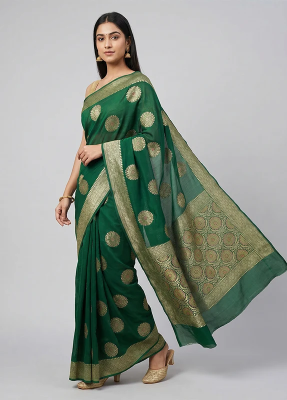 Green Handloom Pure Georgette Saree With Blouse Piece One Size