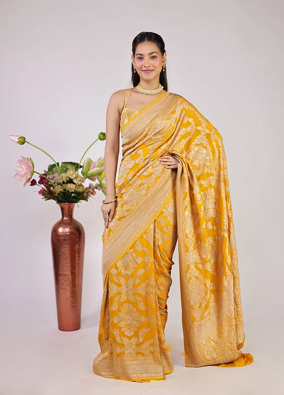 Yellow Handloom Pure Georgette Saree With Blouse Piece One Size