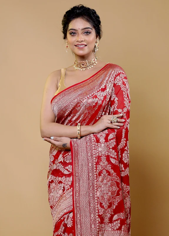 Red Handloom Pure Georgette Saree With Blouse Piece Onesize