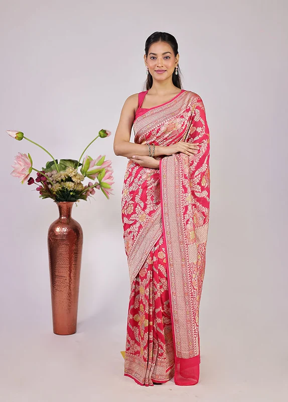 Pink Handloom Pure Georgette Saree With Blouse Piece One Size