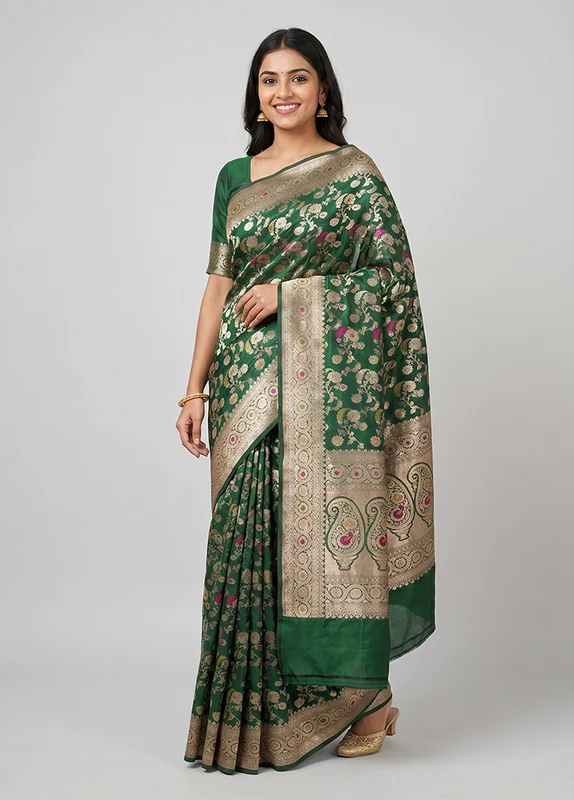 Green Handloom Katan Pure Silk Saree With Blouse Piece One Size