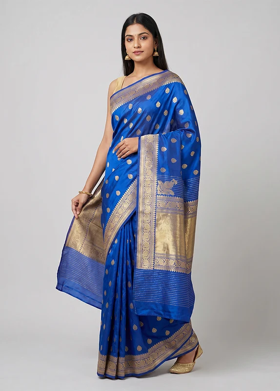 Blue Handloom Katan Pure Silk Saree With Blouse Piece One Size