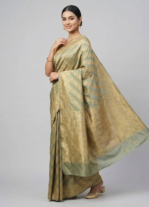 Blue Kora Silk Saree With Blouse Piece One Size